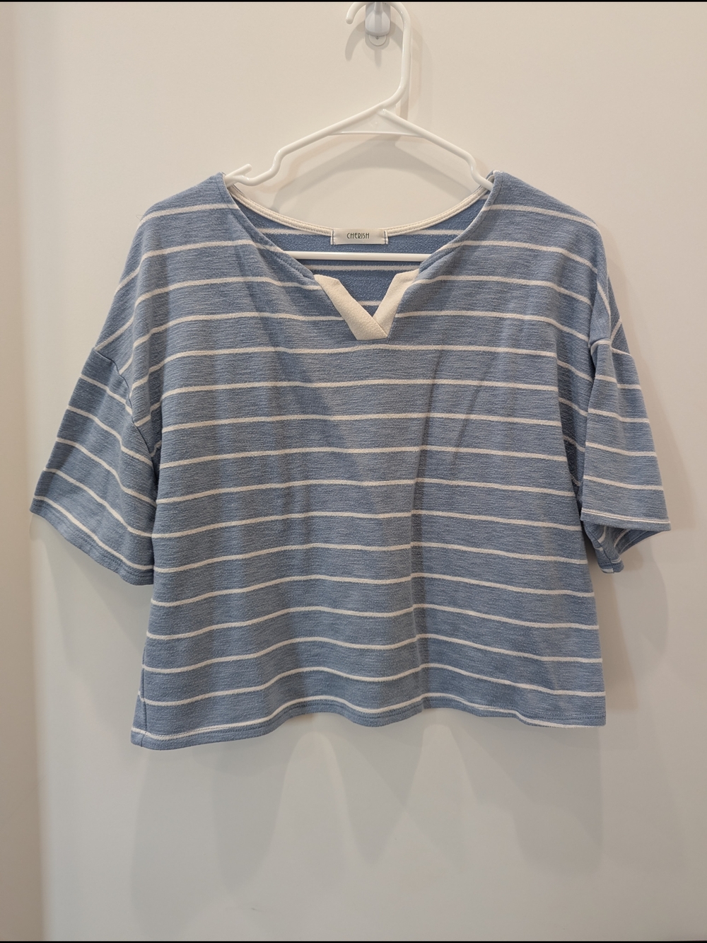 Cherish Striped V-Neck Tee in Light Blue and White